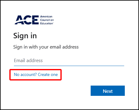 ACE account creation step 1 screen